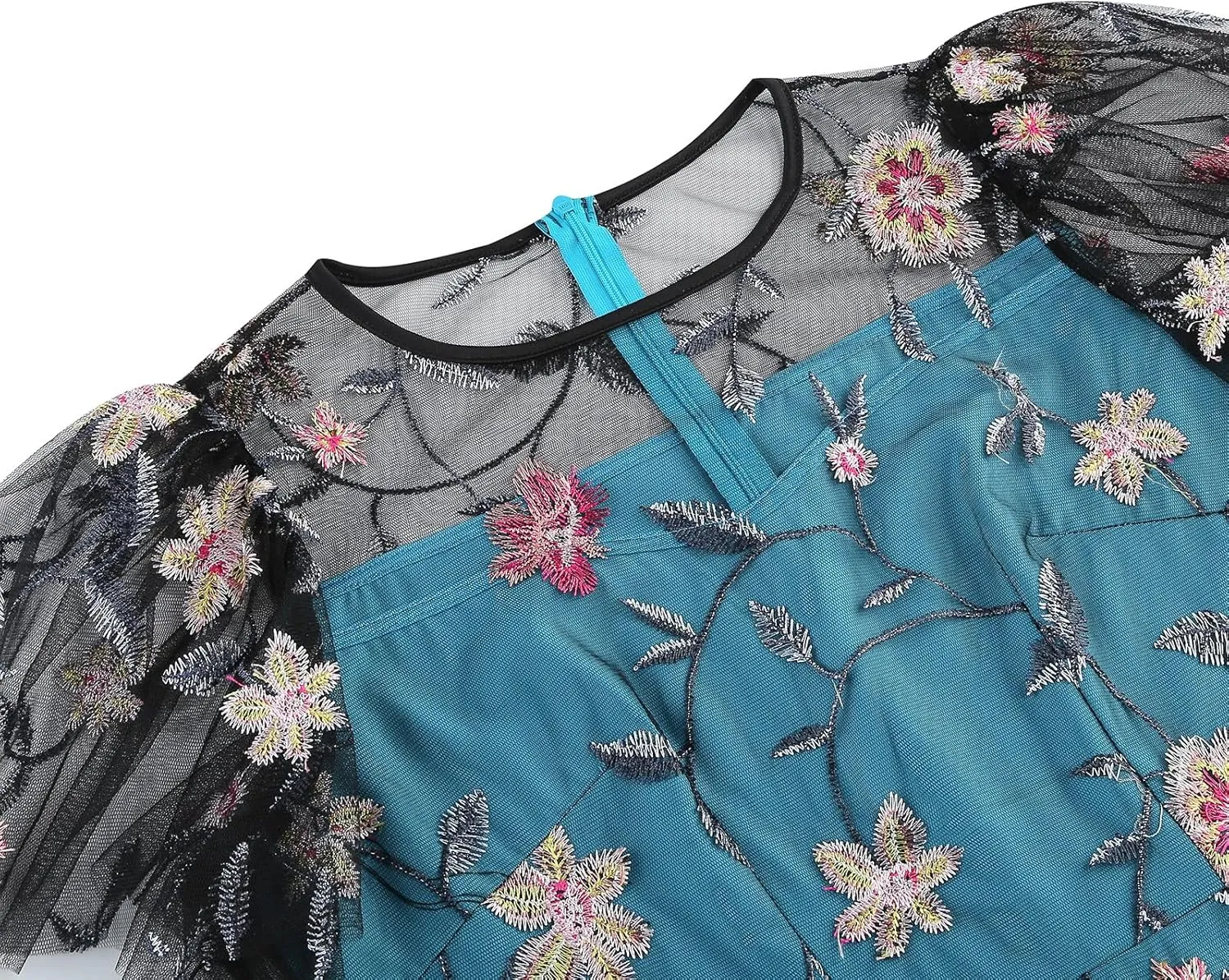 IMEKIS Women Vintage Swing Party Dress Elegant Retro 1950s Short Flare Sleeve Mesh Embroidered Floral Ruffle A-line Dress