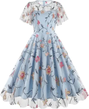 IMEKIS Women Vintage Swing Party Dress Elegant Retro 1950s Short Flare Sleeve Mesh Embroidered Floral Ruffle A-line Dress