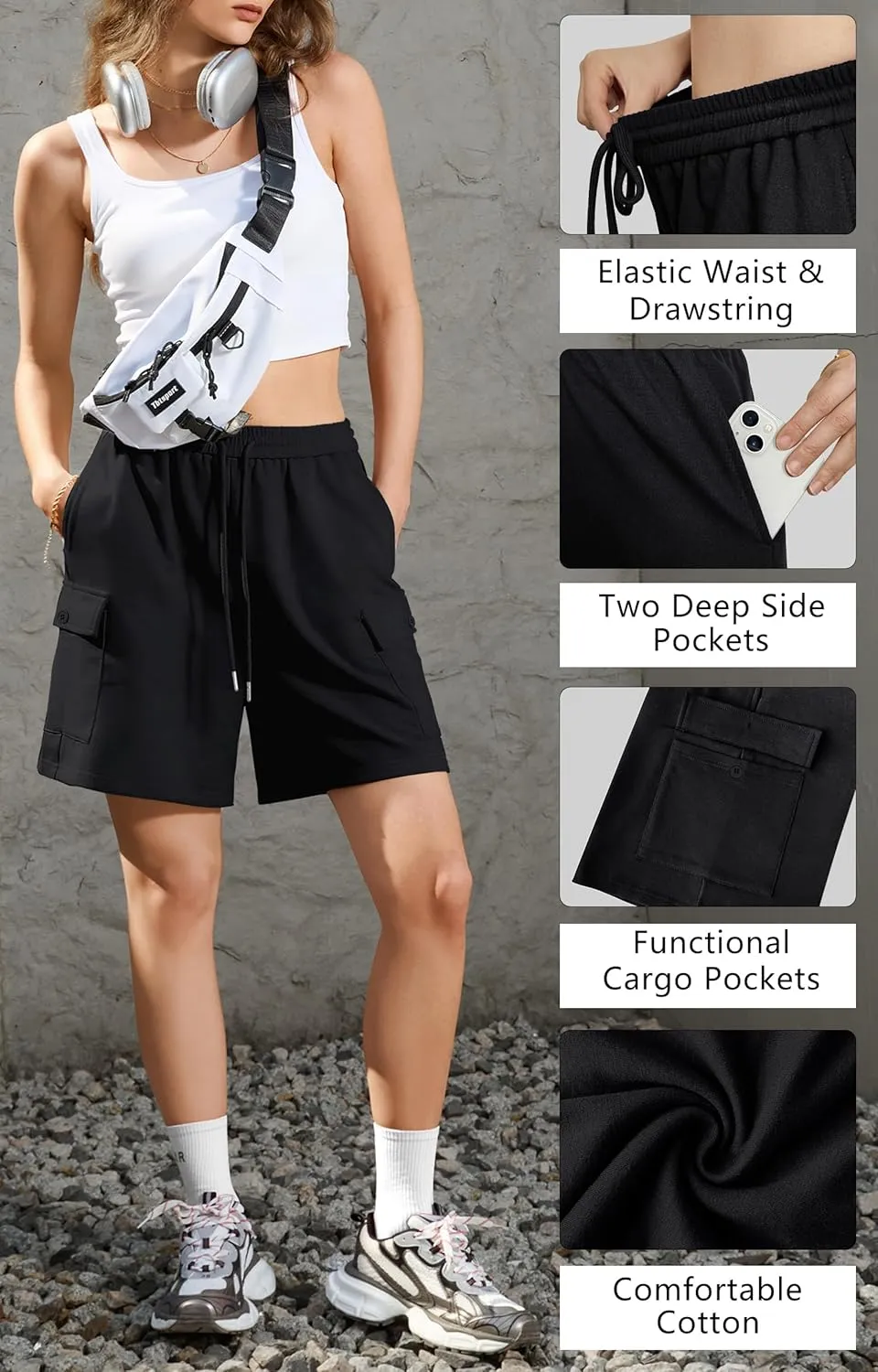 IVIR Women's Bermuda Shorts Sweat Shorts Knee Length Comfy Cotton Long Shorts with 4 Pockets for Summer Casual Hiking
