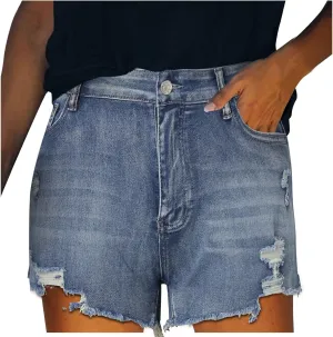 Jean Shorts for Women High Waisted Stretchy Distressed Denim Shorts Ripped Frayed Raw Hem Summer Casual Short Pants