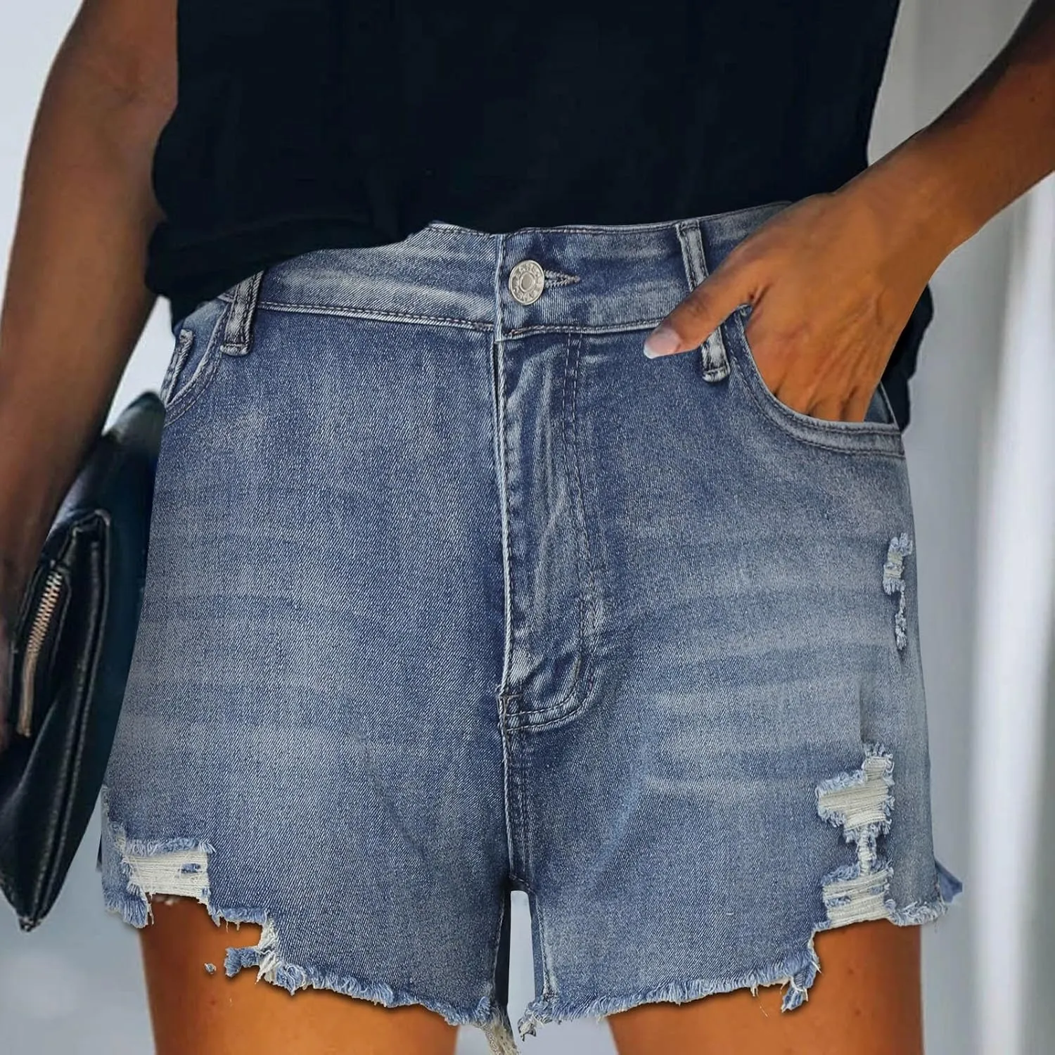 Jean Shorts for Women High Waisted Stretchy Distressed Denim Shorts Ripped Frayed Raw Hem Summer Casual Short Pants