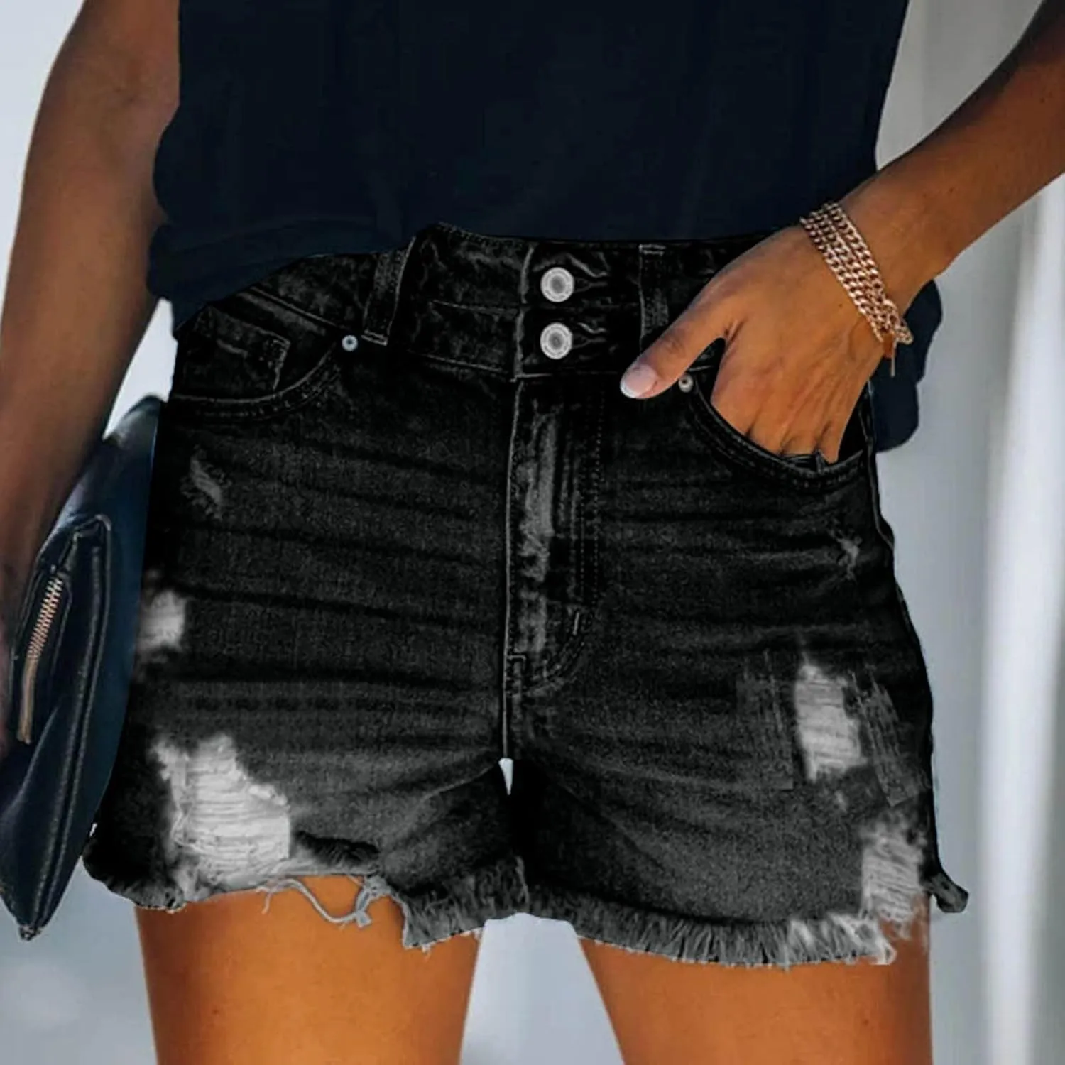 Jean Shorts for Women High Waisted Stretchy Distressed Denim Shorts Ripped Frayed Raw Hem Summer Casual Short Pants