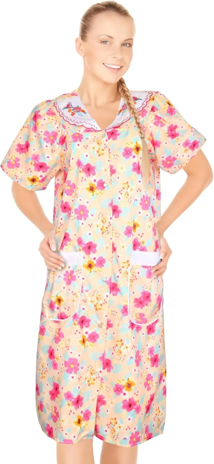 JEFFRICO Womens Snap Front Housecoat Lounger Duster House Dress Short Sleeve Robe