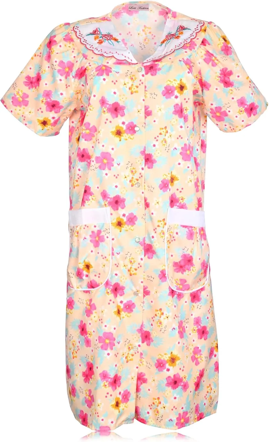 JEFFRICO Womens Snap Front Housecoat Lounger Duster House Dress Short Sleeve Robe