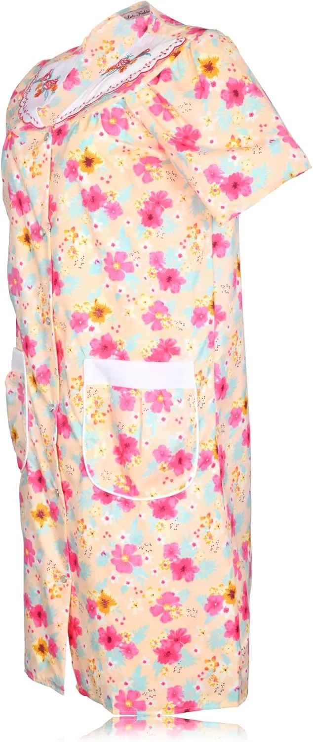 JEFFRICO Womens Snap Front Housecoat Lounger Duster House Dress Short Sleeve Robe