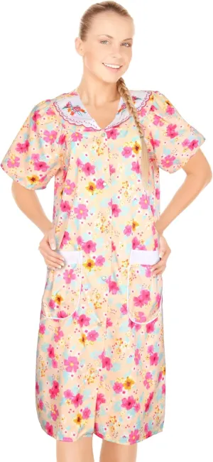 JEFFRICO Womens Snap Front Housecoat Lounger Duster House Dress Short Sleeve Robe