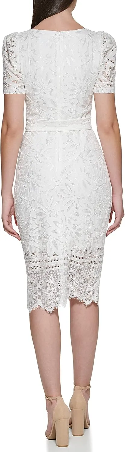 kensie Women's Short Sleeve Tie Waist Lace Midi Dress