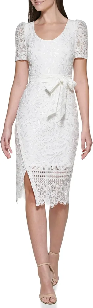 kensie Women's Short Sleeve Tie Waist Lace Midi Dress