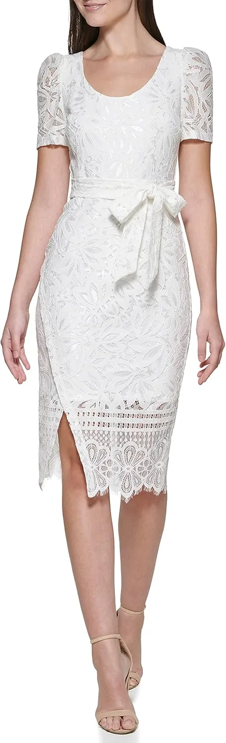 kensie Women's Short Sleeve Tie Waist Lace Midi Dress