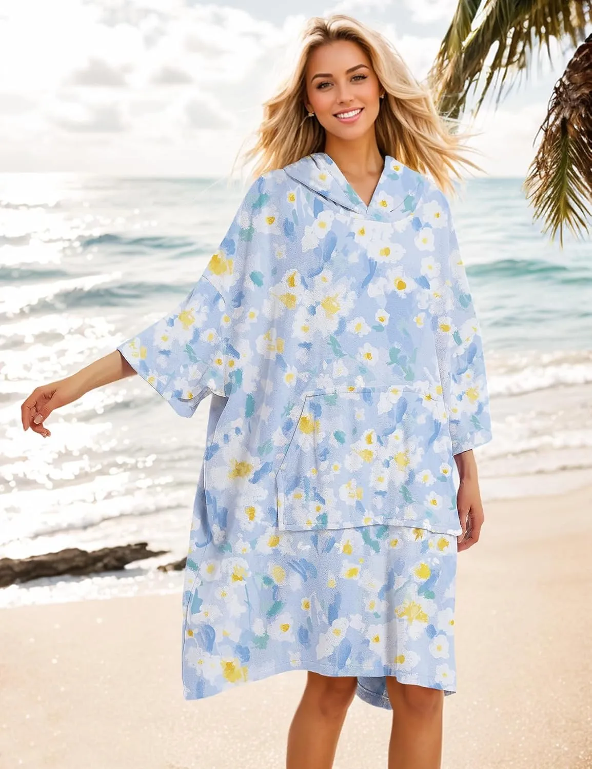 KFUBUO Surf Poncho Changing Towel Swim Robe with Pocket Plus Size Terry Cloth Swim Cover Up for Women Towel Poncho Hoodie