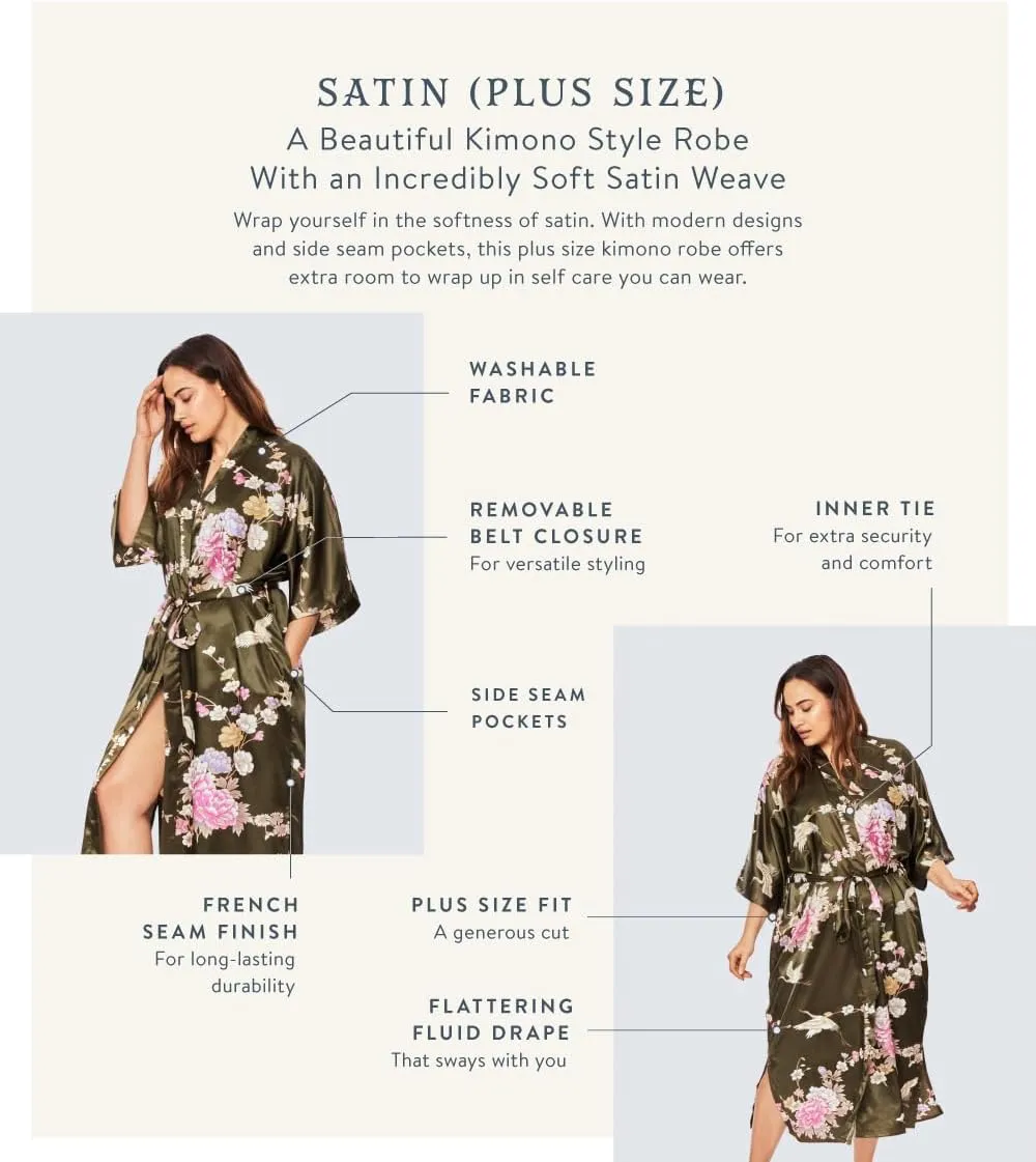 KIM ONO Plus Size Women's Satin Kimono Robe Long - Floral