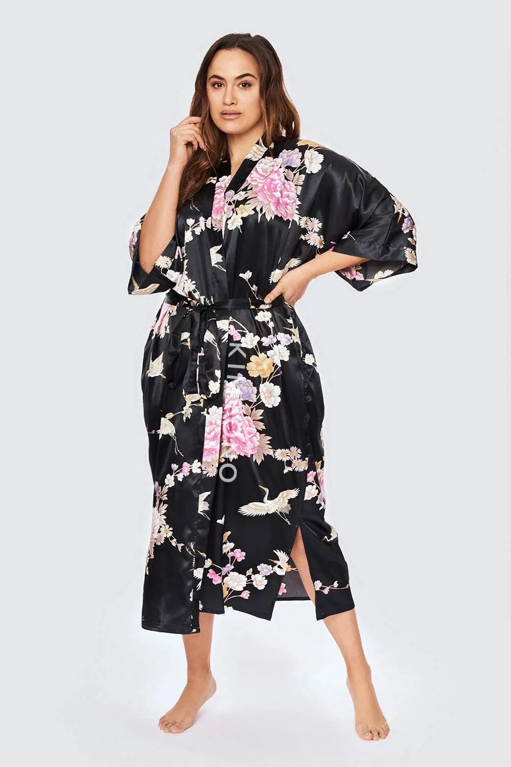 KIM ONO Plus Size Women's Satin Kimono Robe Long - Floral