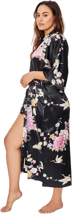 KIM ONO Plus Size Women's Satin Kimono Robe Long - Floral
