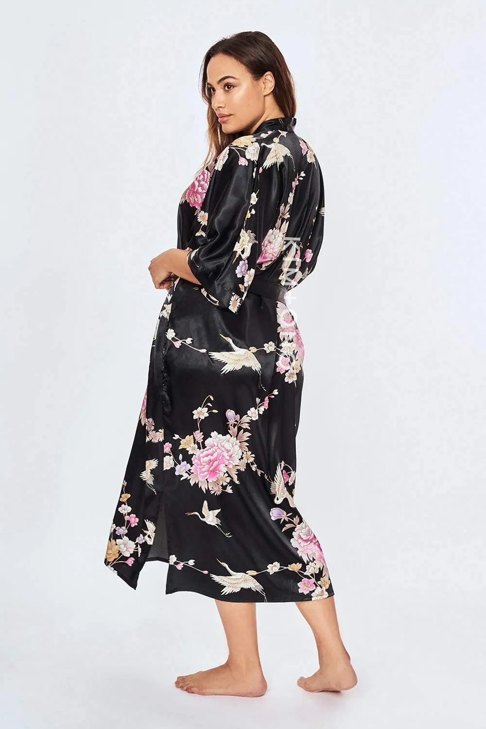 KIM ONO Plus Size Women's Satin Kimono Robe Long - Floral