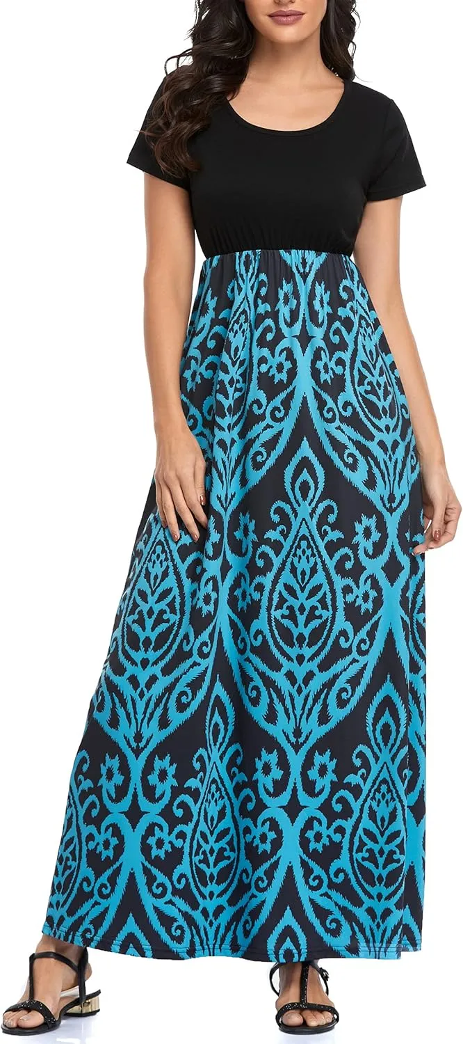Lacavocor Womens Short Sleeve Maxi Dresses Empire Waist Long Dress