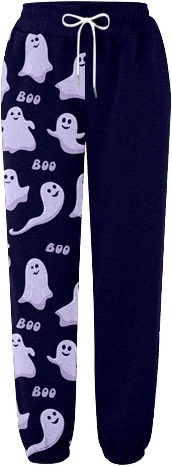 Ladies Halloween Cute Print Pants Workout High Waisted Yoga Pants with Casual Elastic Waist Drawstring with Pockets