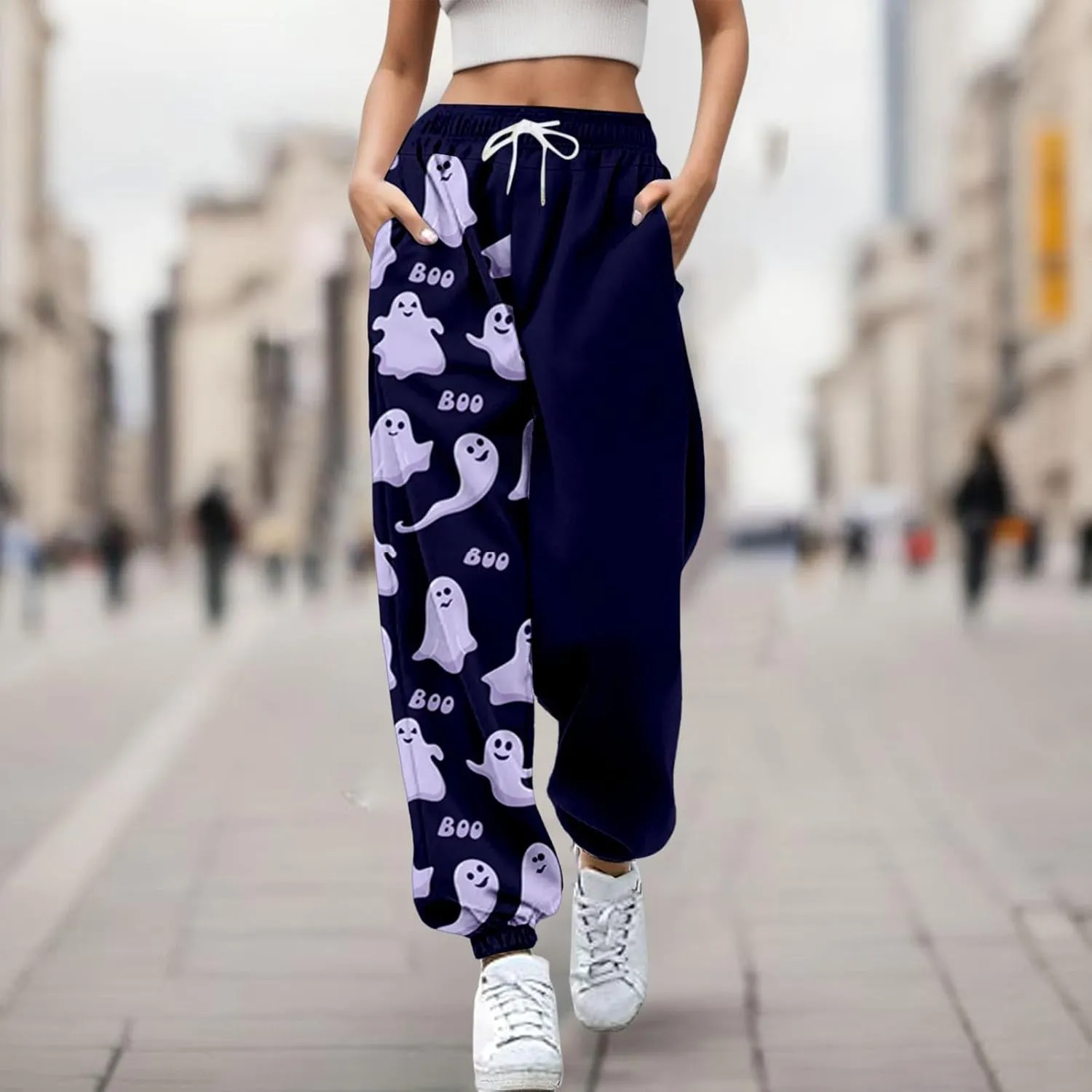 Ladies Halloween Cute Print Pants Workout High Waisted Yoga Pants with Casual Elastic Waist Drawstring with Pockets