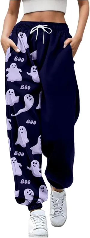 Ladies Halloween Cute Print Pants Workout High Waisted Yoga Pants with Casual Elastic Waist Drawstring with Pockets