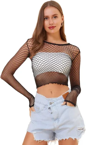 LEMON GIRL Women Fishnet Long Sleeve Crop Top Lingerie Babydoll Chemise Mesh Tops US2-16