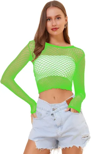 LEMON GIRL Women Fishnet Long Sleeve Crop Top Lingerie Babydoll Chemise Mesh Tops US2-16