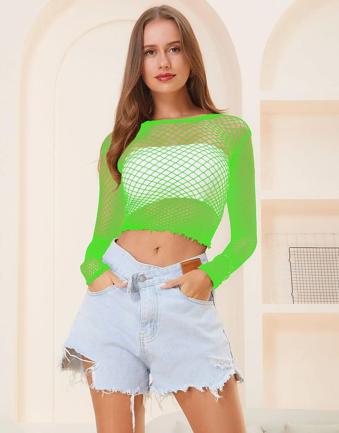 LEMON GIRL Women Fishnet Long Sleeve Crop Top Lingerie Babydoll Chemise Mesh Tops US2-16
