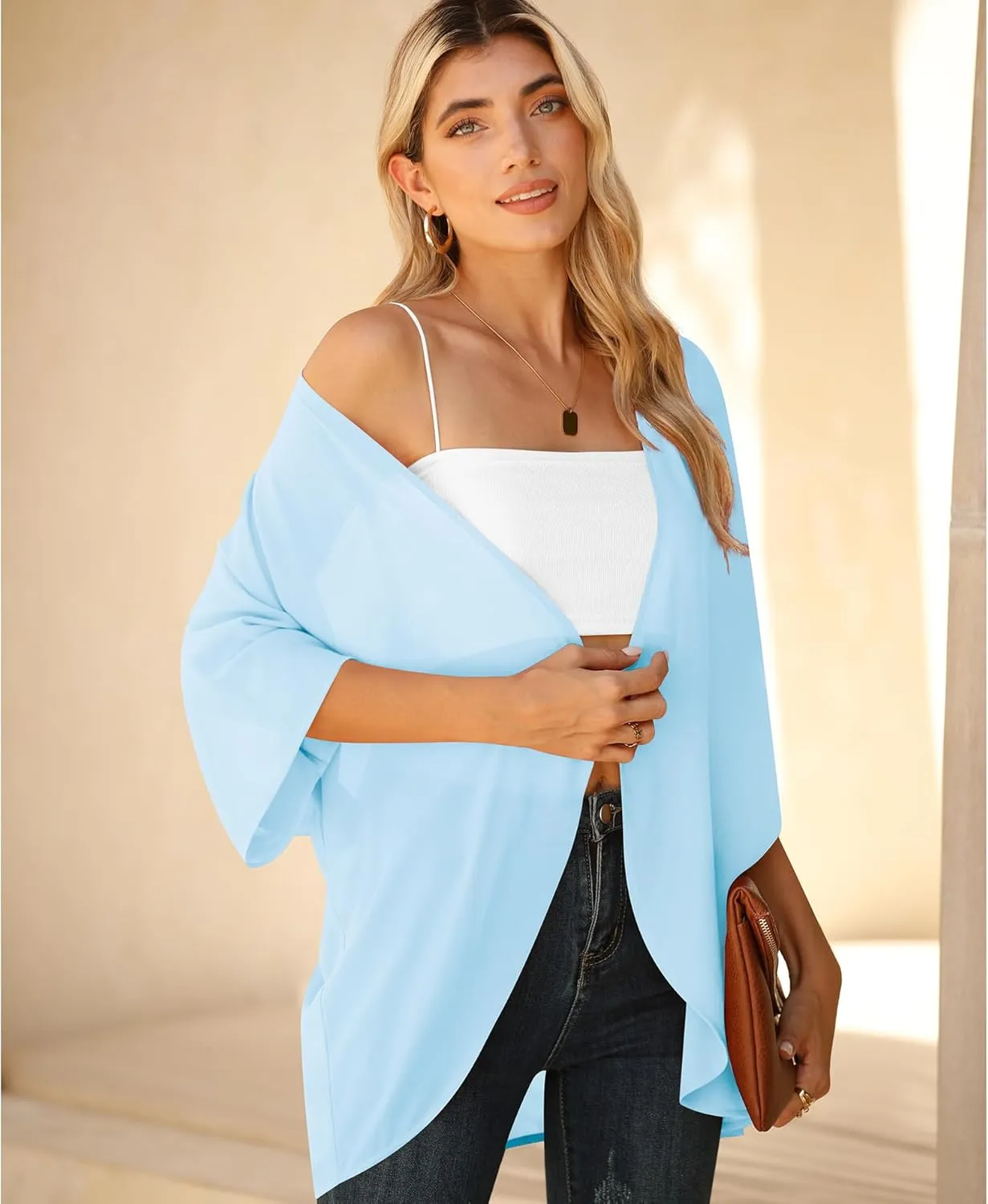 LILBETTER Women Lightweight Chiffon Cardigan Puff Sleeve Loose Beach Wear Cover Up Blouse Top
