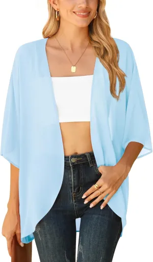 LILBETTER Women Lightweight Chiffon Cardigan Puff Sleeve Loose Beach Wear Cover Up Blouse Top