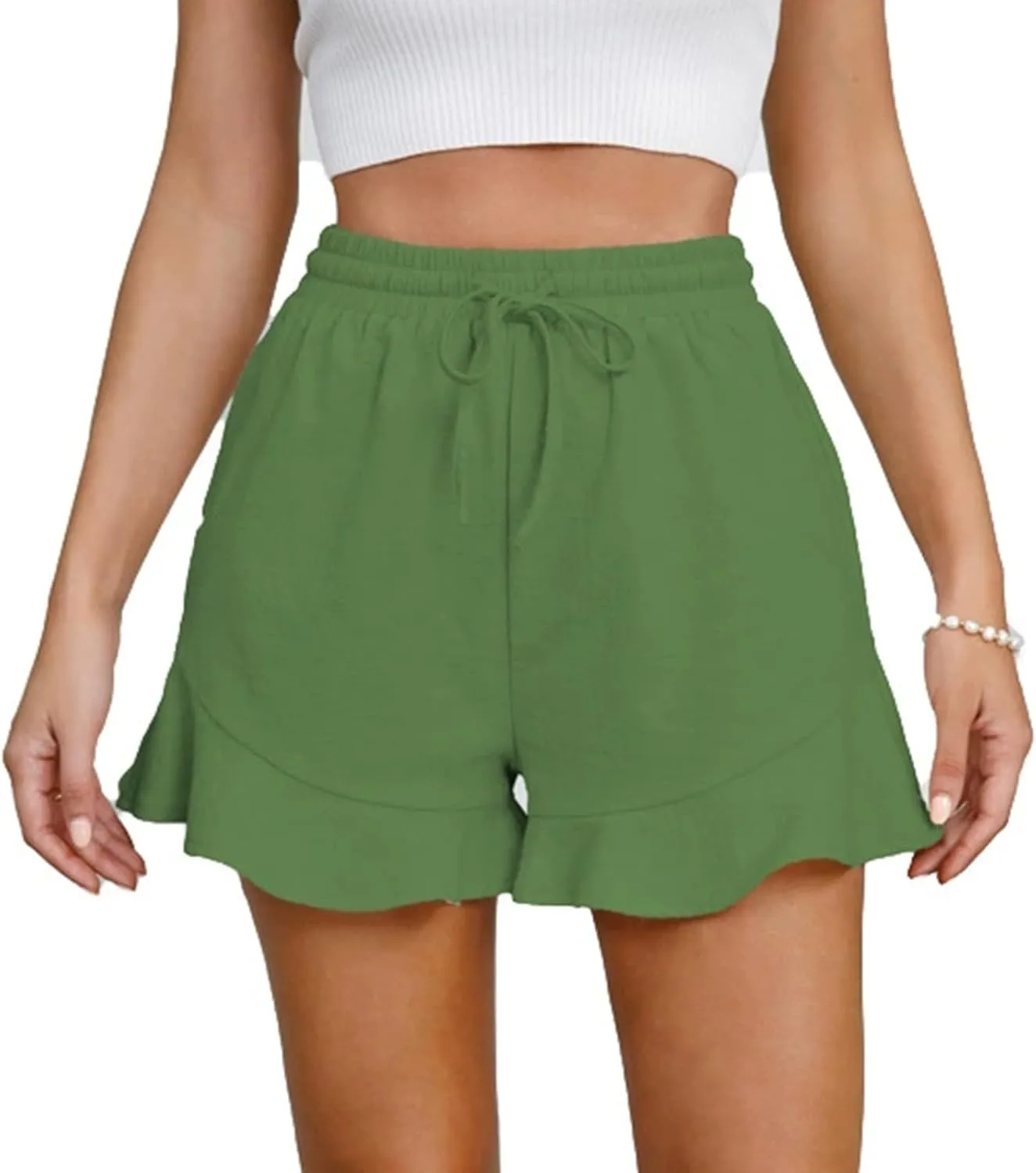 Linen Shorts for Women Summer Ruffle Hem Beach Shorts Casual High Waisted Wide Leg Drawstring Short Pants w/Pockets