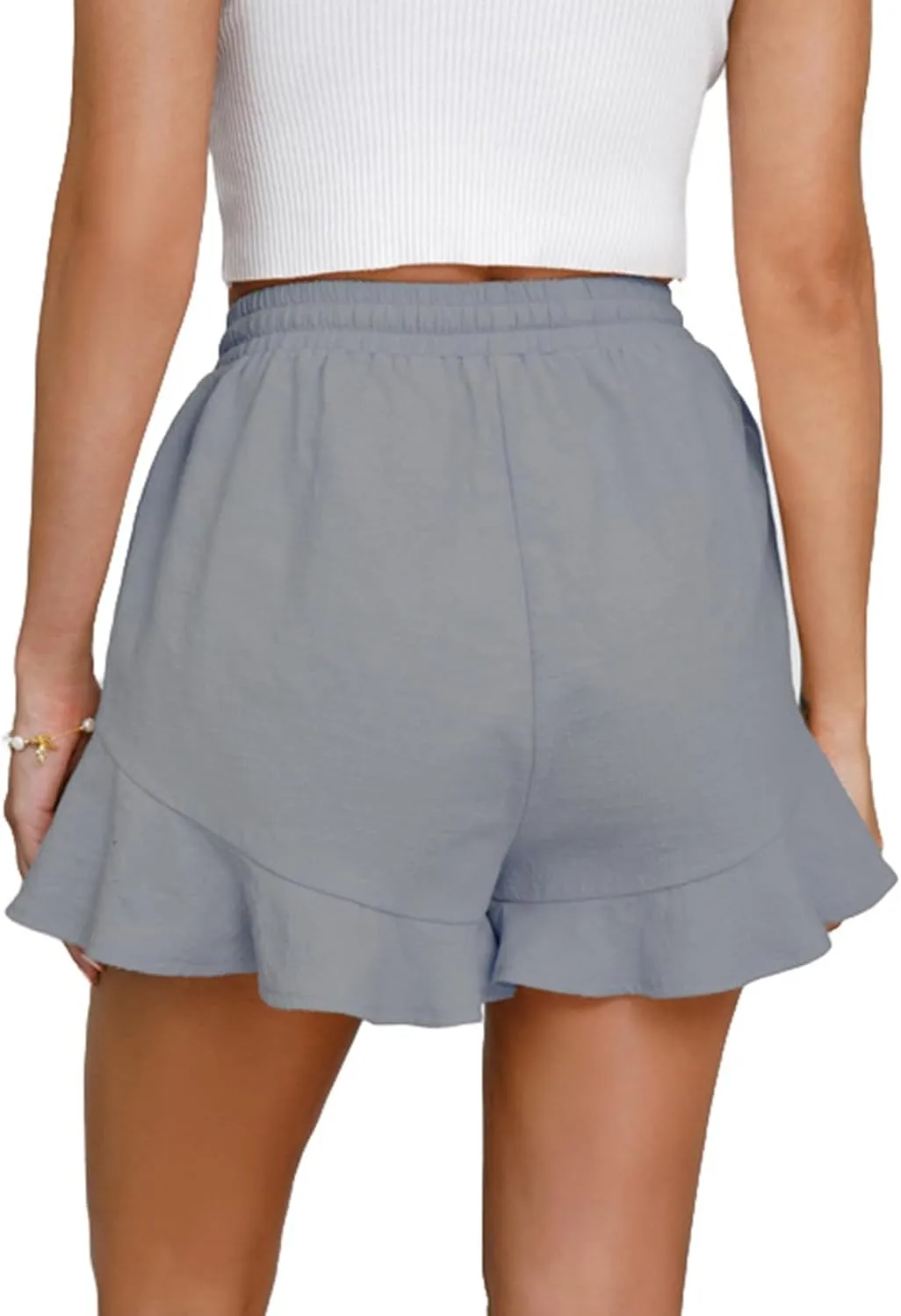 Linen Shorts for Women Summer Ruffle Hem Beach Shorts Casual High Waisted Wide Leg Drawstring Short Pants w/Pockets