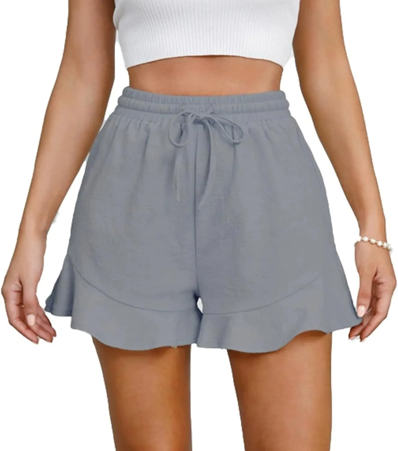 Linen Shorts for Women Summer Ruffle Hem Beach Shorts Casual High Waisted Wide Leg Drawstring Short Pants w/Pockets