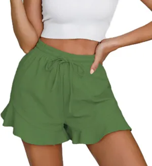 Linen Shorts for Women Summer Ruffle Hem Beach Shorts Casual High Waisted Wide Leg Drawstring Short Pants w/Pockets
