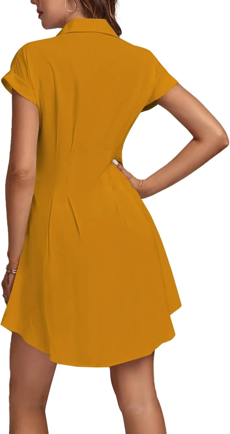LYANER Women's Pleated Waist Collar Button Down Short Sleeve Mini Short Shirt Dress