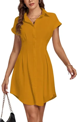 LYANER Women's Pleated Waist Collar Button Down Short Sleeve Mini Short Shirt Dress