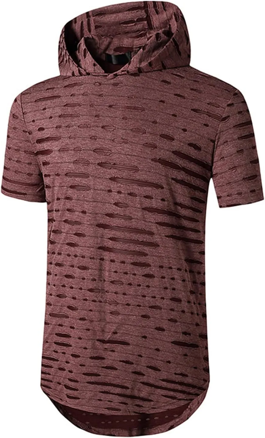 Maiyifu-GJ Mens Athletic Casual Longline Hipster T Shirt Hipster Hip Hop Hoodie Tee Solid Color Ripped Pullover Short Sleeve