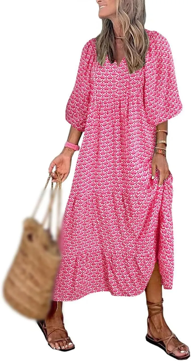 Maxi Dresses for Women Summer V Neck Puff Sleeve Floral Flowy Swing Long Dresses Casual Loose Fit Bohemian Beach Dress