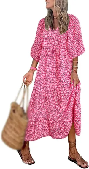 Maxi Dresses for Women Summer V Neck Puff Sleeve Floral Flowy Swing Long Dresses Casual Loose Fit Bohemian Beach Dress