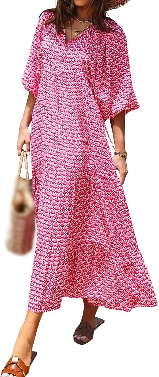 Maxi Dresses for Women Summer V Neck Puff Sleeve Floral Flowy Swing Long Dresses Casual Loose Fit Bohemian Beach Dress
