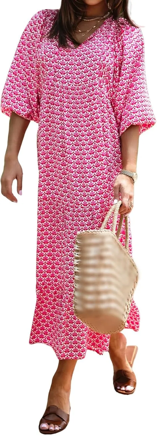 Maxi Dresses for Women Summer V Neck Puff Sleeve Floral Flowy Swing Long Dresses Casual Loose Fit Bohemian Beach Dress