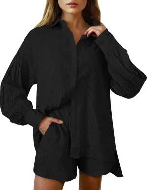 Meenew Women's 2 Piece Outfits Long Sleeve Button Down Shirts and Shorts Set Casual Lounge Set Sweatsuits