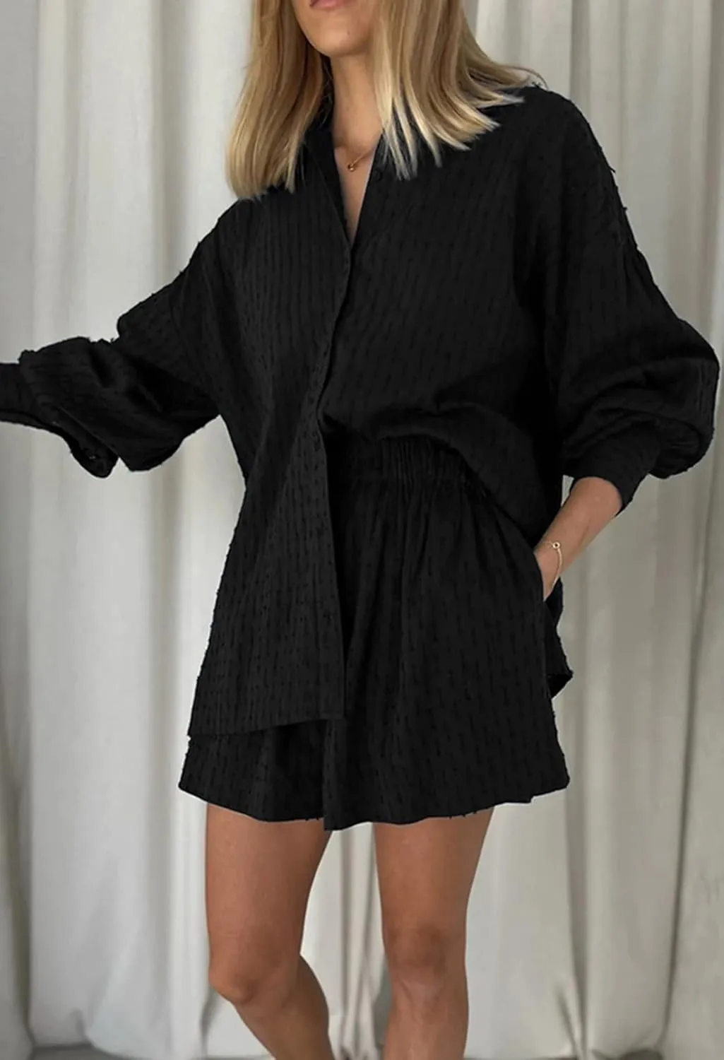 Meenew Women's 2 Piece Outfits Long Sleeve Button Down Shirts and Shorts Set Casual Lounge Set Sweatsuits