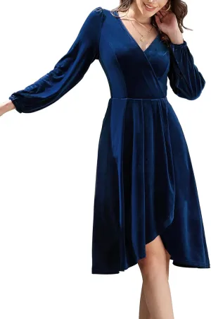 Meetjen Women's V Neck Velvet Formal Long Sleeve Dresses Flowy Fall High Low Elegant 2024 Midi Winter Cocktail Party Dress