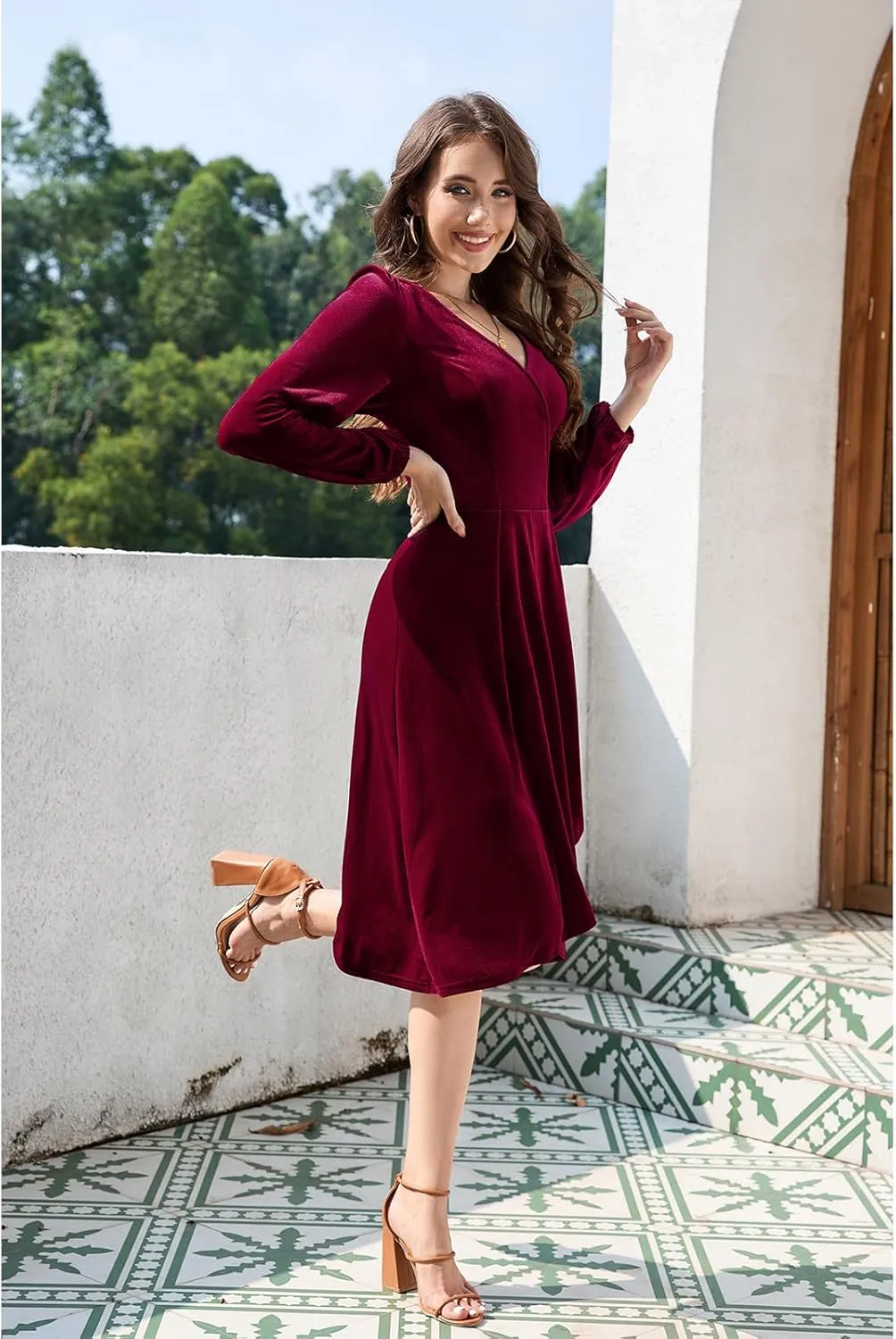 Meetjen Women's V Neck Velvet Formal Long Sleeve Dresses Flowy Fall High Low Elegant 2024 Midi Winter Cocktail Party Dress