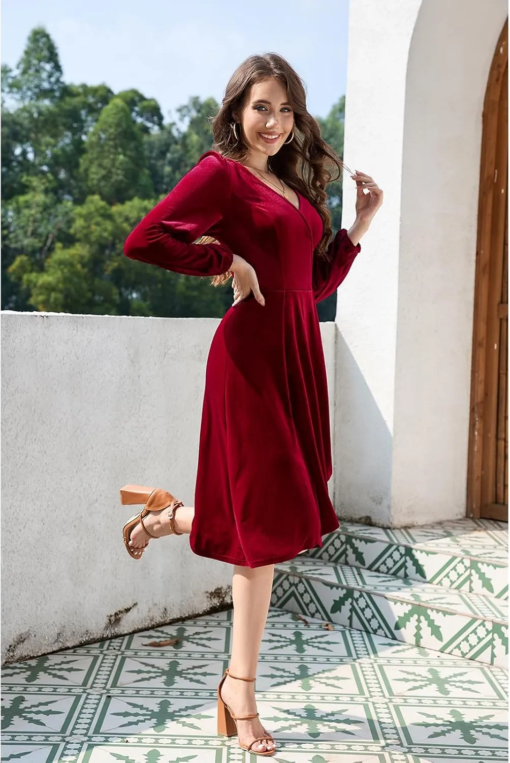 Meetjen Women's V Neck Velvet Formal Long Sleeve Dresses Flowy Fall High Low Elegant 2024 Midi Winter Cocktail Party Dress