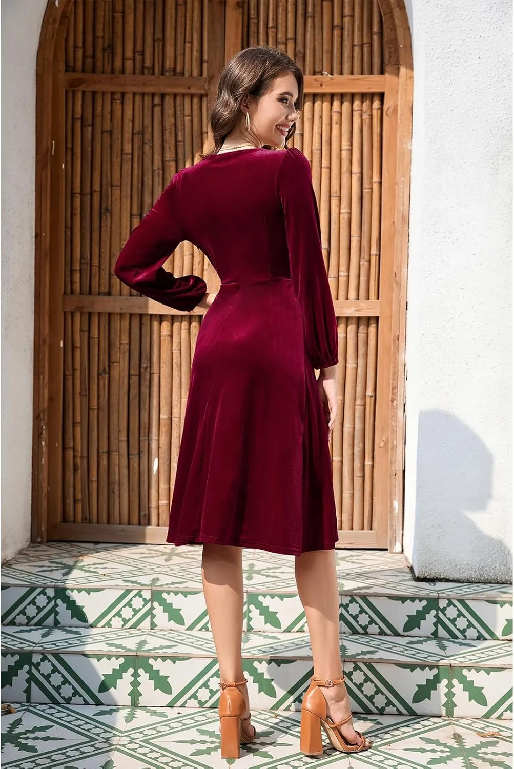 Meetjen Women's V Neck Velvet Formal Long Sleeve Dresses Flowy Fall High Low Elegant 2024 Midi Winter Cocktail Party Dress