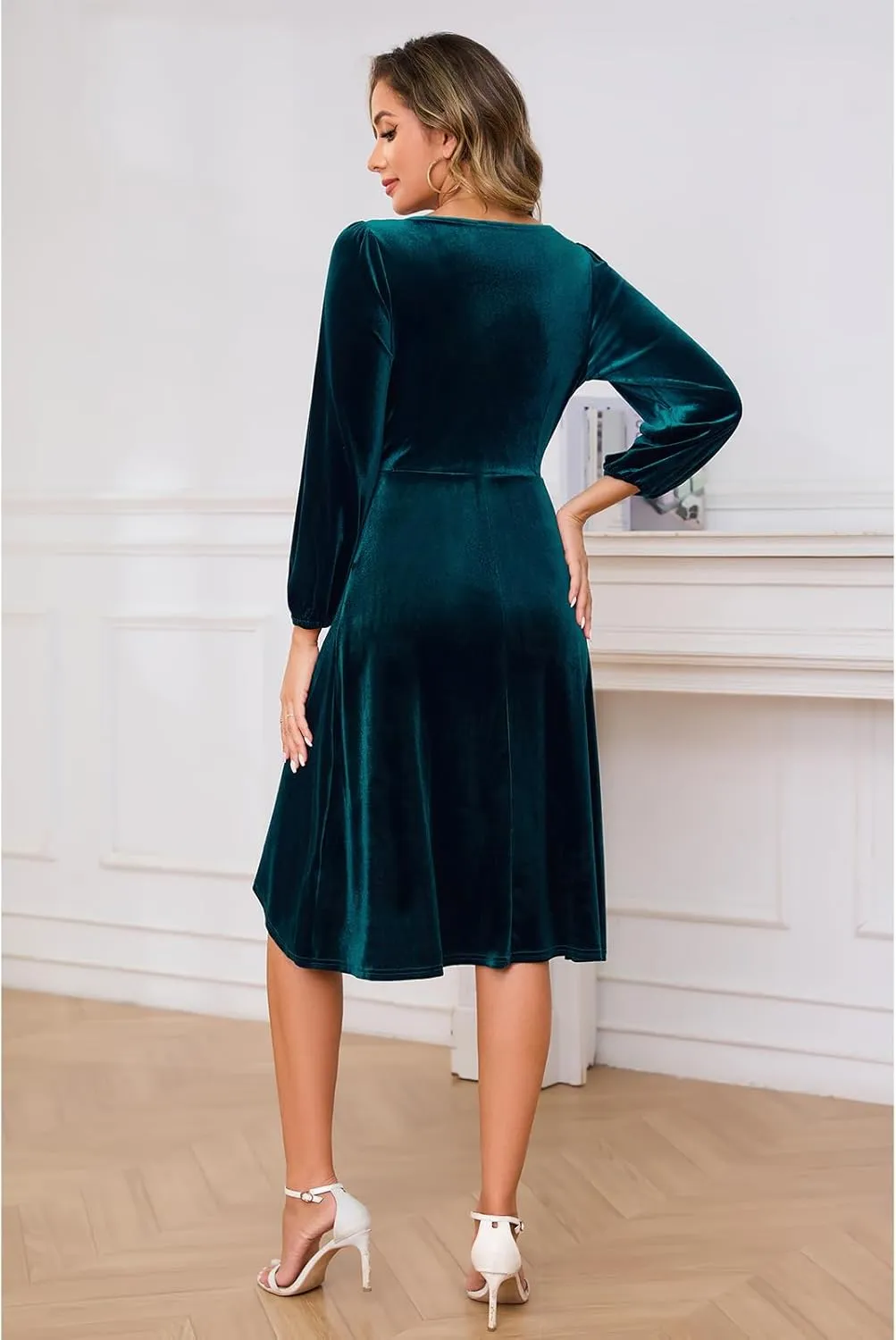 Meetjen Women's V Neck Velvet Formal Long Sleeve Dresses Flowy Fall High Low Elegant 2024 Midi Winter Cocktail Party Dress