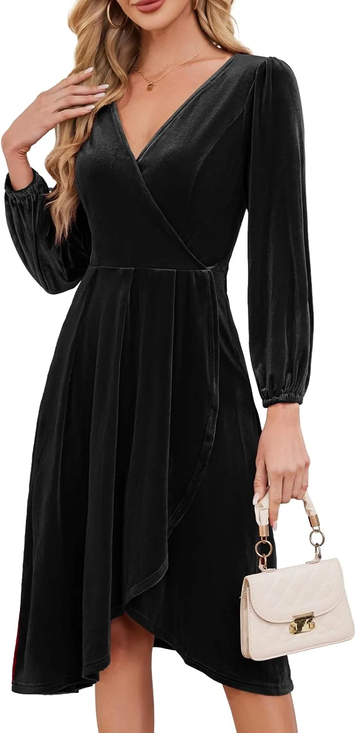 Meetjen Women's V Neck Velvet Formal Long Sleeve Dresses Flowy Fall High Low Elegant 2024 Midi Winter Cocktail Party Dress