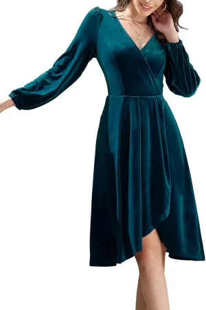 Meetjen Women's V Neck Velvet Formal Long Sleeve Dresses Flowy Fall High Low Elegant 2024 Midi Winter Cocktail Party Dress