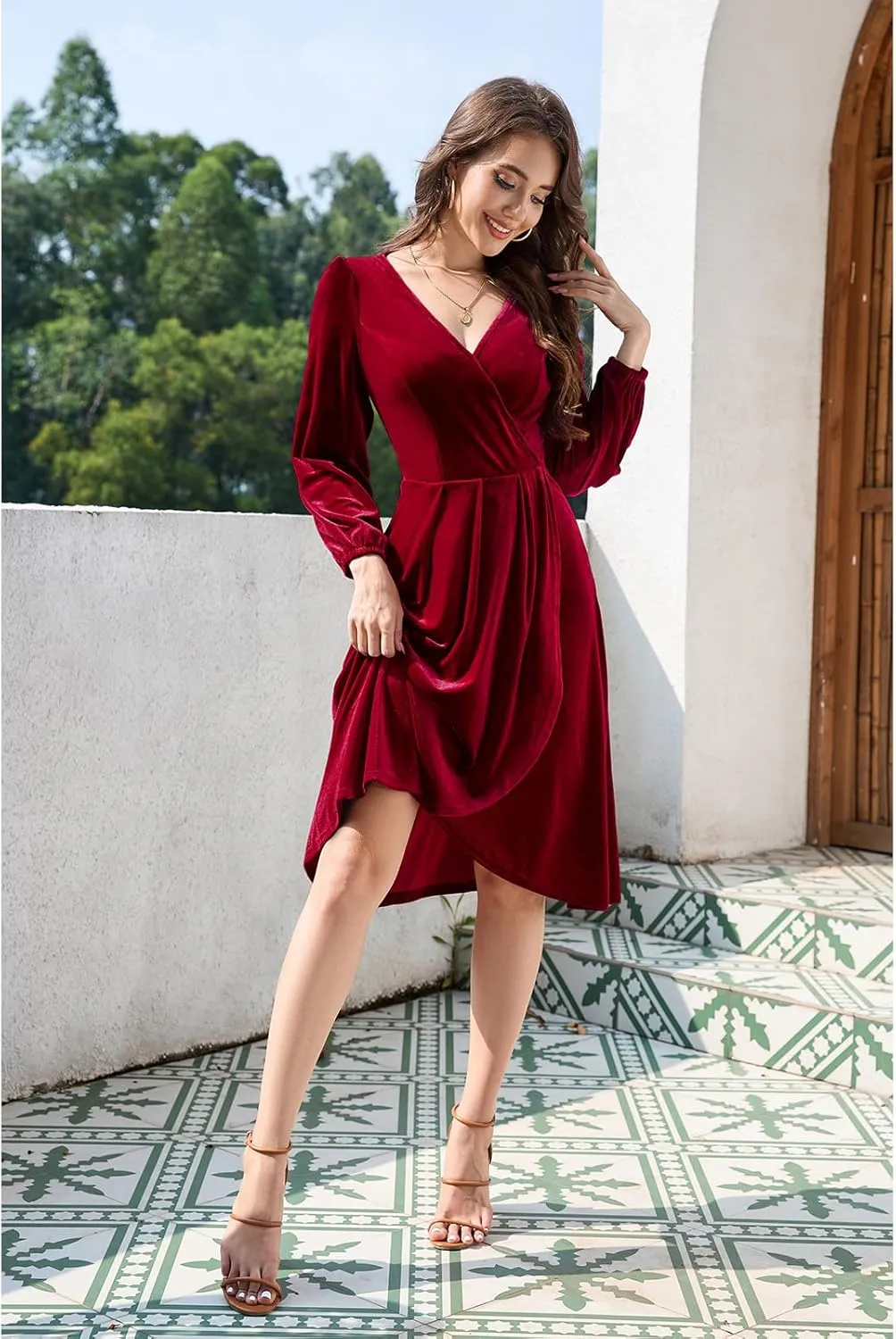 Meetjen Women's V Neck Velvet Formal Long Sleeve Dresses Flowy Fall High Low Elegant 2024 Midi Winter Cocktail Party Dress