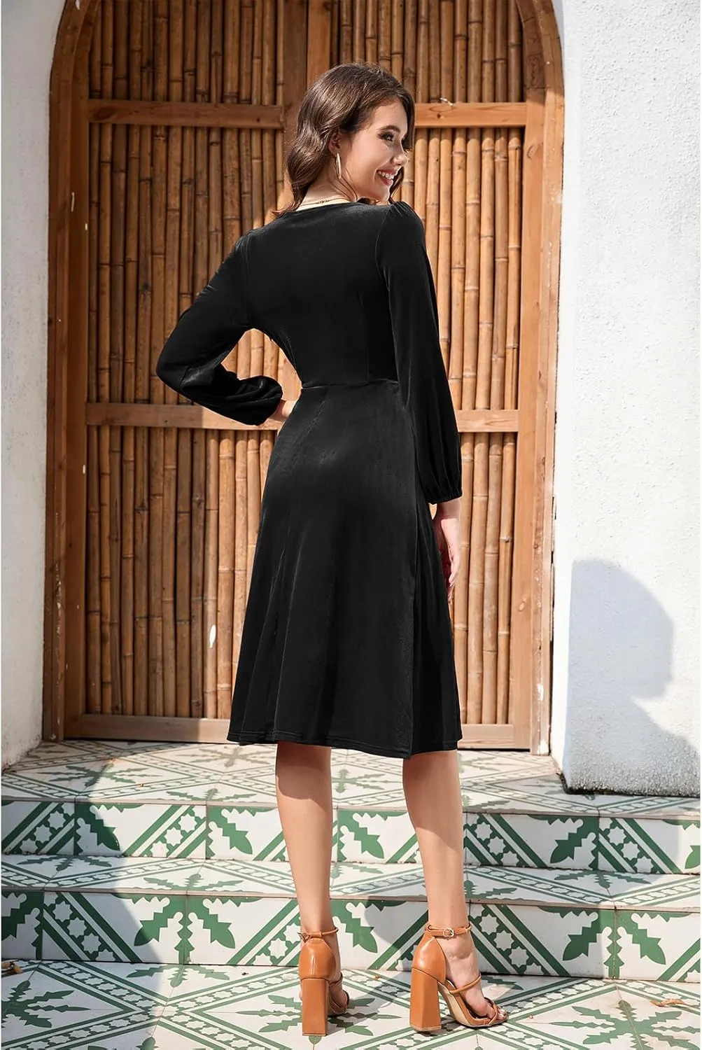 Meetjen Women's V Neck Velvet Formal Long Sleeve Dresses Flowy Fall High Low Elegant 2024 Midi Winter Cocktail Party Dress