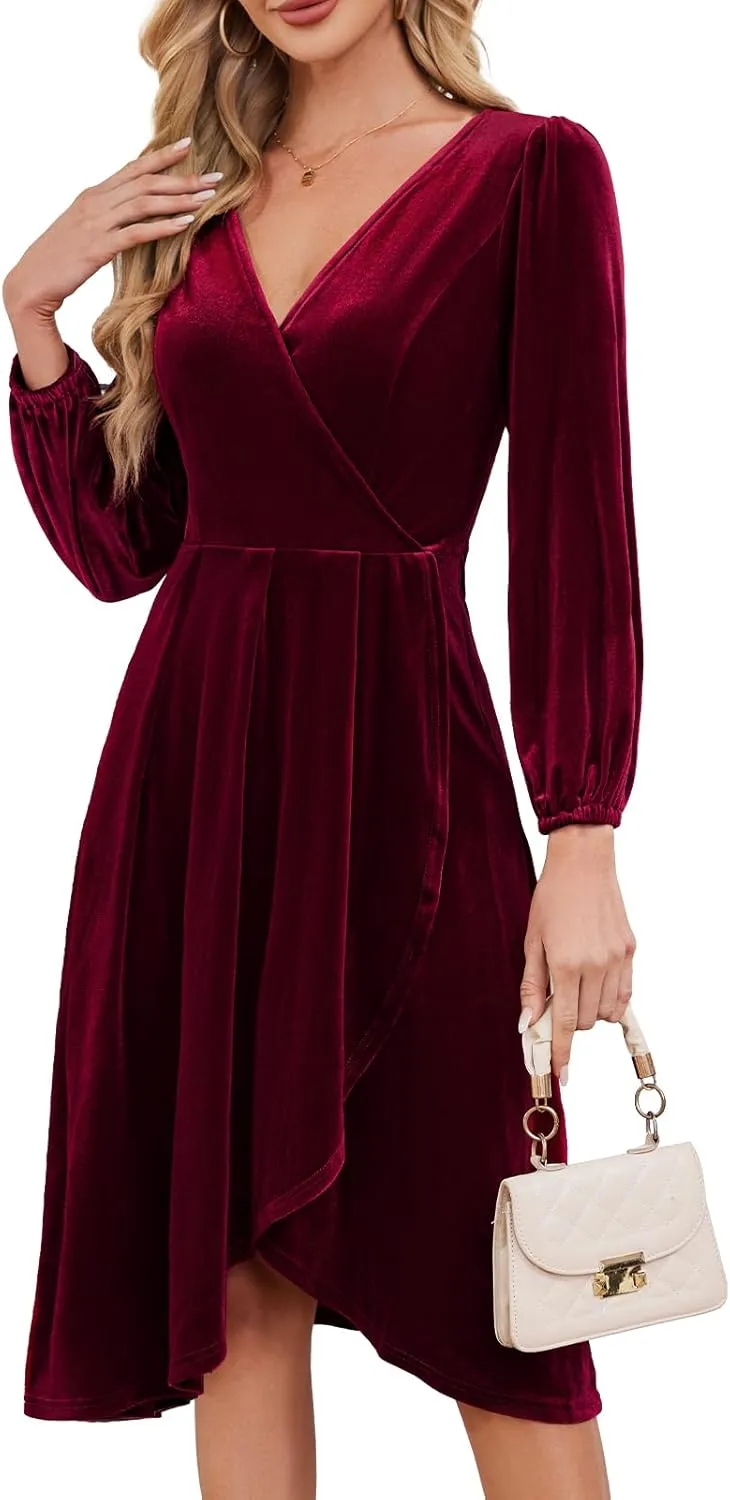 Meetjen Women's V Neck Velvet Formal Long Sleeve Dresses Flowy Fall High Low Elegant 2024 Midi Winter Cocktail Party Dress